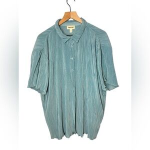 Open Edit Women’s Aqua Blue Satin Plisse Lettuce Hem Pajama Top Sz L